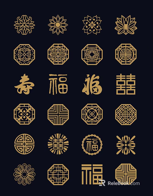Chinese Traditional Golden Wall Decor with Shou Fu Xi Characters and Intricate Patterns 3d model 