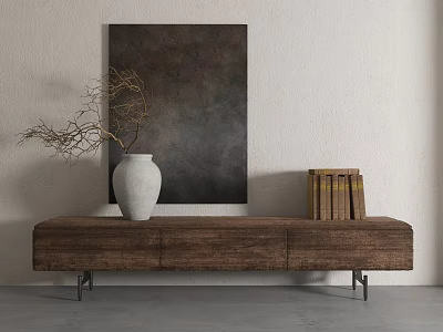 Brown Wooden TV Stand with White Vase Branches and Books Against Wall Painting 3d model