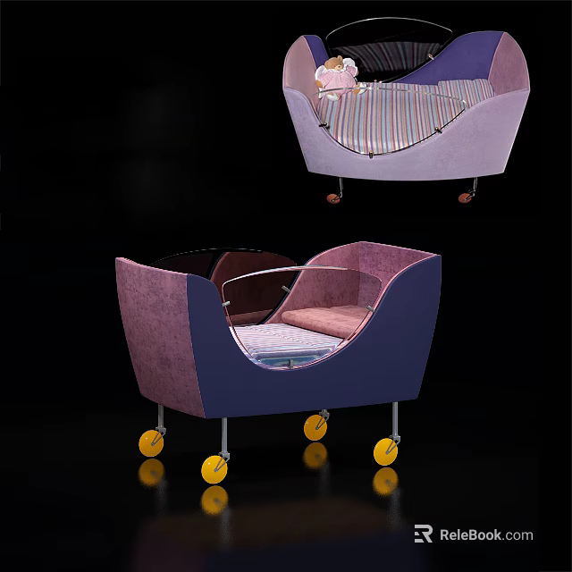 Modern Baby Crib With Purple Pink Soft Padded Design And Yellow Wheels 3d model 