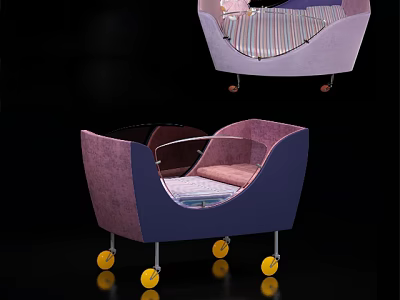 Modern Baby Crib With Purple Pink Soft Padded Design And Yellow Wheels 3d model