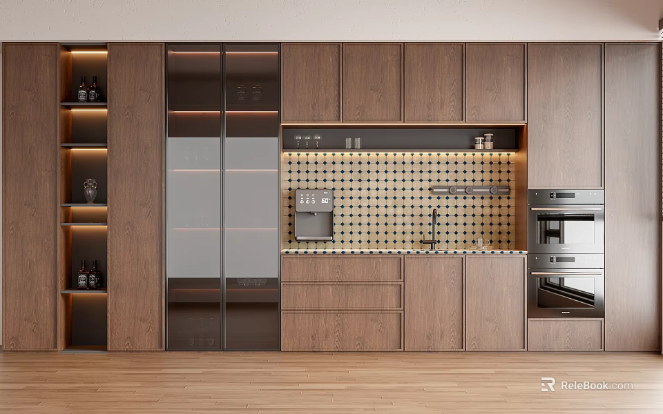Modern Kitchen Interior With Wooden Cabinets Glass Doors Perforated Backsplash And Appliances 3d model 