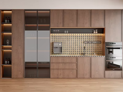 Modern Kitchen Interior With Wooden Cabinets Glass Doors Perforated Backsplash And Appliances 3d model