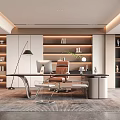 Modern Office Interior With Open Layout Desk Bookshelf Chair Floor Lamp Rug And Glass Door