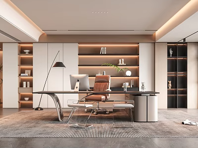 Modern Office Interior With Open Layout Desk Bookshelf Chair Floor Lamp Rug And Glass Door 3d model