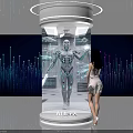 Technology Exhibition Hall Featuring Cylindrical Display With ALICE Robot Female Visitor And Blue Purple Background