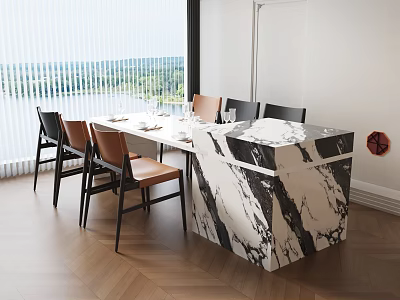 Modern Open Kitchen Bar Counter With Marble Countertop Chairs Wooden Floor And Window View 3d model