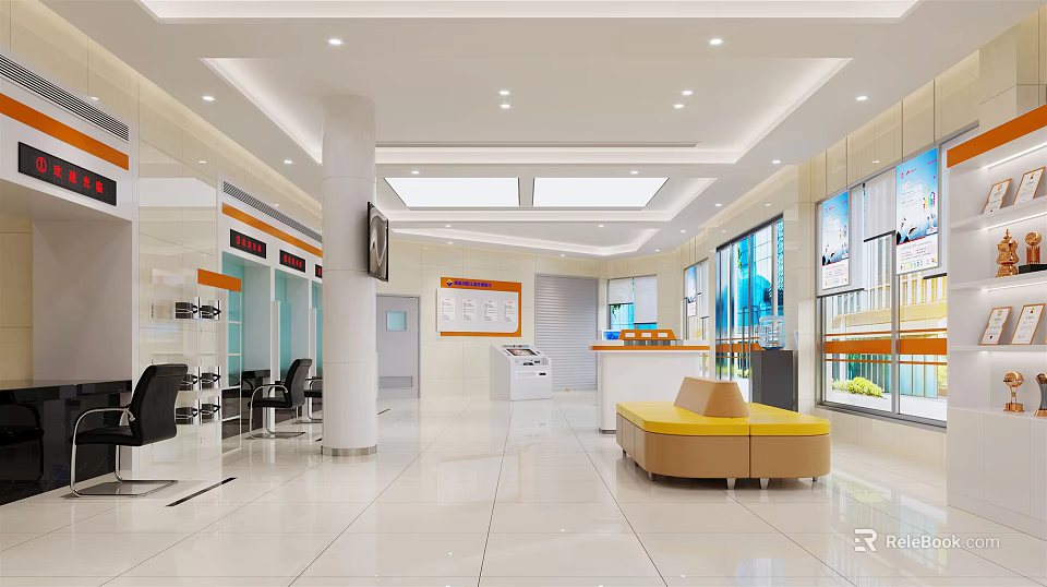 Modern Service Hall Interior With Reception Desk Yellow Sofa Large Windows And Information Board 3d model 
