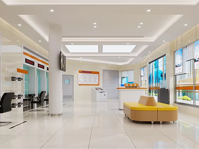 Modern Service Hall Interior With Reception Desk Yellow Sofa Large Windows And Information Board 3d model