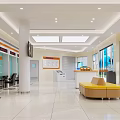 Modern Service Hall Interior With Reception Desk Yellow Sofa Large Windows And Information Board