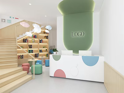 Modern Kindergarten Interior With Colorful Reception Desk Bookshelves Stairs And Cloud Decorations 3d model