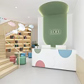 Modern Kindergarten Interior With Colorful Reception Desk Bookshelves Stairs And Cloud Decorations
