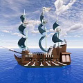 Wooden Sailing Ship With Green Sails Floating On Blue Sea Under Clear Sky