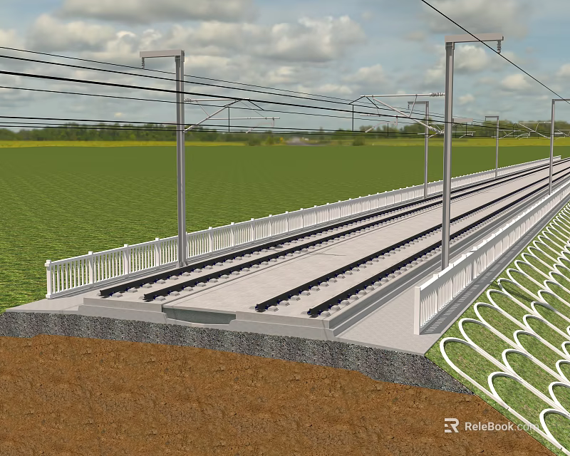 Railway Track Infrastructure With White Guardrails Lamp Posts And Green Fields 3d model 