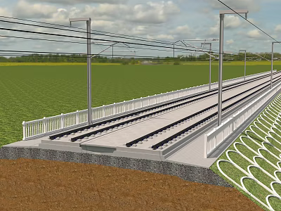 Railway Track Infrastructure With White Guardrails Lamp Posts And Green Fields 3d model