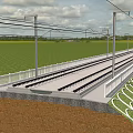 Railway Track Infrastructure With White Guardrails Lamp Posts And Green Fields 3d model