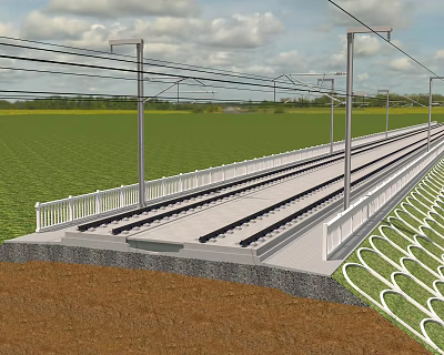 Railway Track Infrastructure With White Guardrails Lamp Posts And Green Fields 3d model