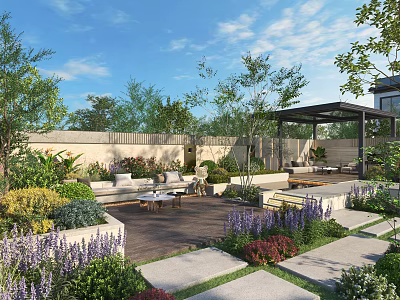 Beautiful Garden Landscape With Lush Greenery Colorful Flowers Seating Areas Pergola And Stone Pathways 3d model