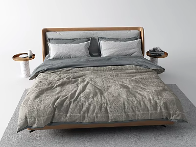 Modern Double Bed With Wooden Headboard Gray Bedding And Nightstands 3d model