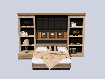 Double Bed with Wooden Headboard Wall Storage Shelves Table Lamp and Bedding 3d model