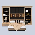 Double Bed with Wooden Headboard Wall Storage Shelves Table Lamp and Bedding