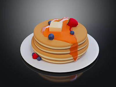 Stack of Fluffy Pancakes Topped with Butter Strawberries Blueberries and Syrup on White Plate 3d model