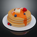 Stack of Fluffy Pancakes Topped with Butter Strawberries Blueberries and Syrup on White Plate