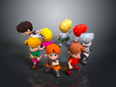Vibrant Cartoon Toy Figures with Various Colored Outfits and Colorful Hair Standing Together 3d model