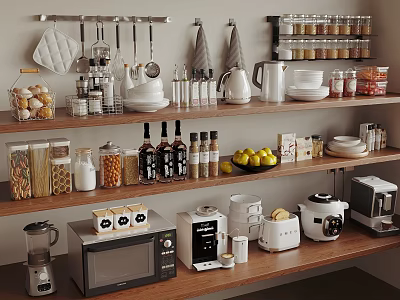 Modern Kitchen Wooden Shelves With Microwave Coffee Maker Rice Cooker And Organized Appliances 3d model