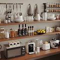 Modern Kitchen Wooden Shelves With Microwave Coffee Maker Rice Cooker And Organized Appliances