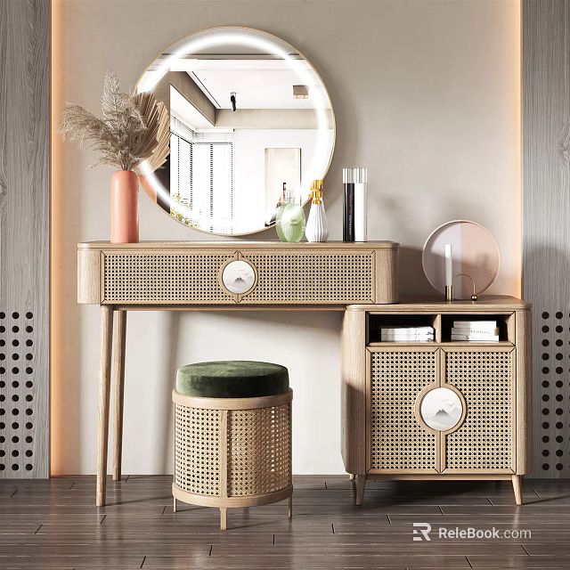 Natural Rattan Dressing Table with Round Mirror Drawers Cabinet Green Stool and Decorative Vases 3d model 