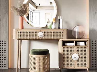 Natural Rattan Dressing Table with Round Mirror Drawers Cabinet Green Stool and Decorative Vases 3d model