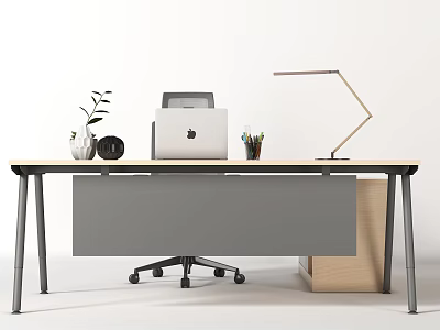 Modern Office Desk Setup With MacBook Lamp Plant Pencil Holder And Chair 3d model