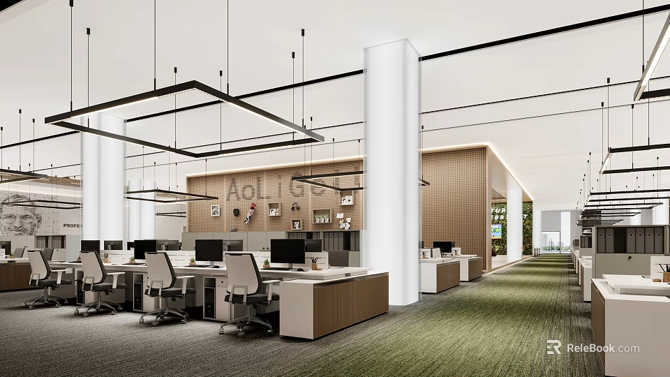 Modern Public Office Space Interior With Desks Chairs Computers Hanging Lights And Green Carpet 3d model 