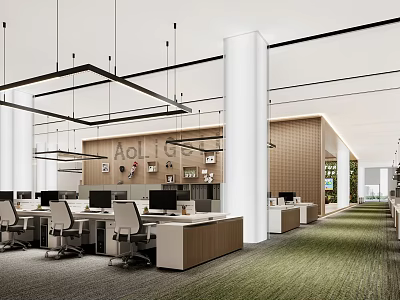 Modern Public Office Space Interior With Desks Chairs Computers Hanging Lights And Green Carpet 3d model