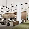 Modern Public Office Space Interior With Desks Chairs Computers Hanging Lights And Green Carpet
