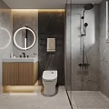 Modern Sleek Grey Bathroom Interior With Smart Toilet LED Round Mirror Wooden Vanity And Glass Shower