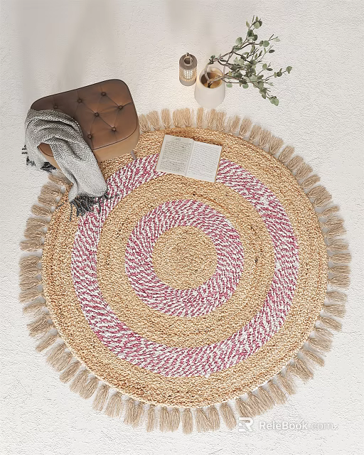 Fringed Round Rug With Beige Pink Spiral Pattern And Brown Stool Gray Scarf Open Book 3d model 