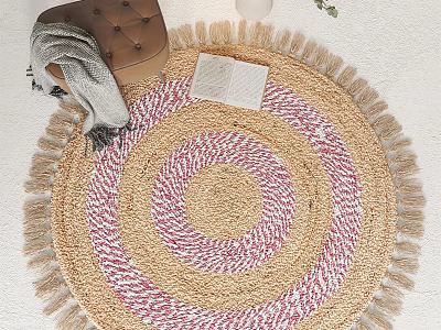 Fringed Round Rug With Beige Pink Spiral Pattern And Brown Stool Gray Scarf Open Book 3d model