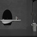 White Floating Washbasin with Backlit Oval Mirror on Dark Wall and Toiletries