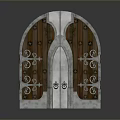 Antique Arched Double Door With Wooden Panels And Ornate Metal Decorations