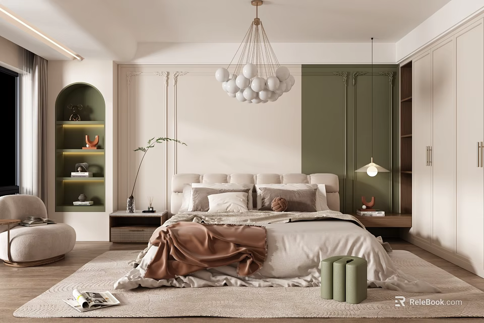 Modern Bedroom Interior Design With Upholstered Bed Green Accent Wall And Spherical Chandelier 3d model 