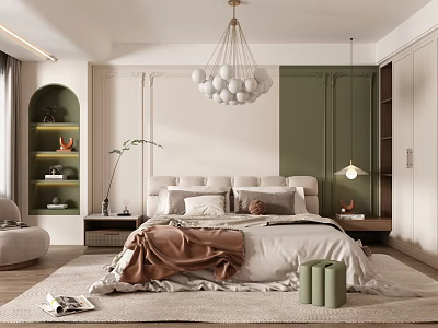 Modern Bedroom Interior Design With Upholstered Bed Green Accent Wall And Spherical Chandelier 3d model