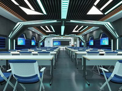 Modern School Classroom With Blue Chairs White Desks LED Lighting And Multimedia Screens 3d model