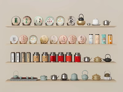 Traditional Tea Set Collection on Wooden Shelves with Teapots Cups and Storage Jars 3d model