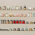 Traditional Tea Set Collection on Wooden Shelves with Teapots Cups and Storage Jars