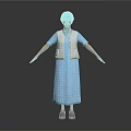 Elderly Woman in Blue Dress and White Vest with Gray Hair and Arms Outstretched