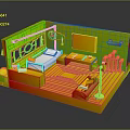 Cartoon Style Room Interior With Red Walls Bed Sofa Table And Decorative Lamp