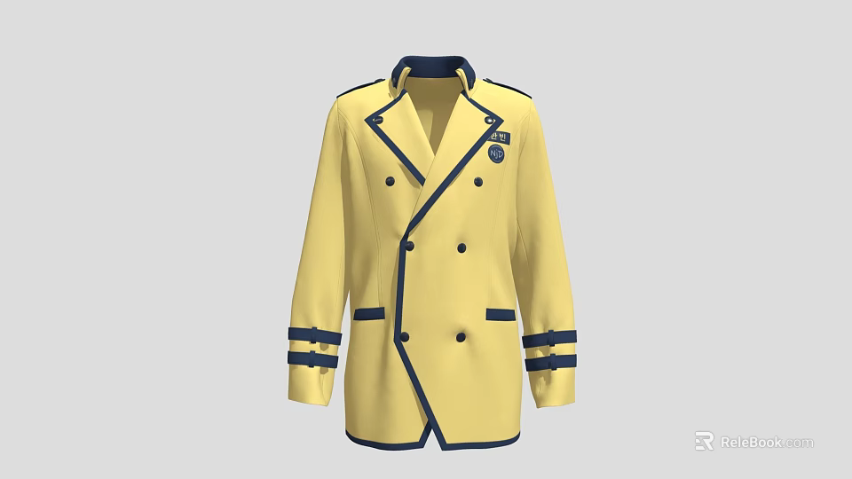 Yellow Double Breasted Coat With Dark Blue Trim Cuff Stripes And Badge 3d model 