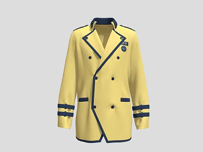 Yellow Double Breasted Coat With Dark Blue Trim Cuff Stripes And Badge 3d model
