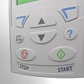 Industrial Equipment Control Panel With Green Digital Display Blue Red Buttons Start And Help Buttons